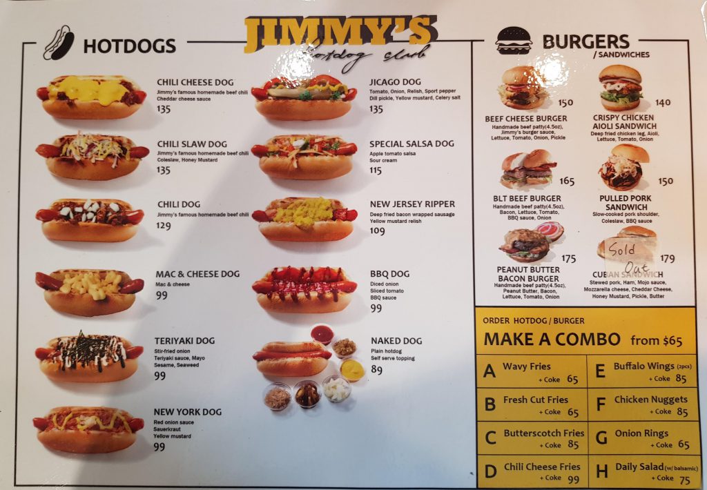 Jimmys Hotdogs Menu