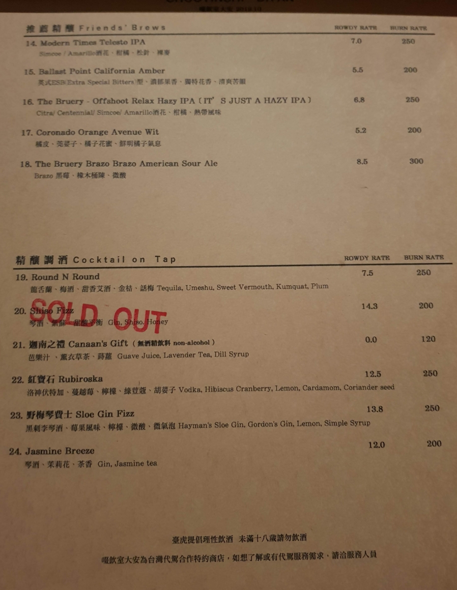 Taihu Craft Beer Tasting Room Menu